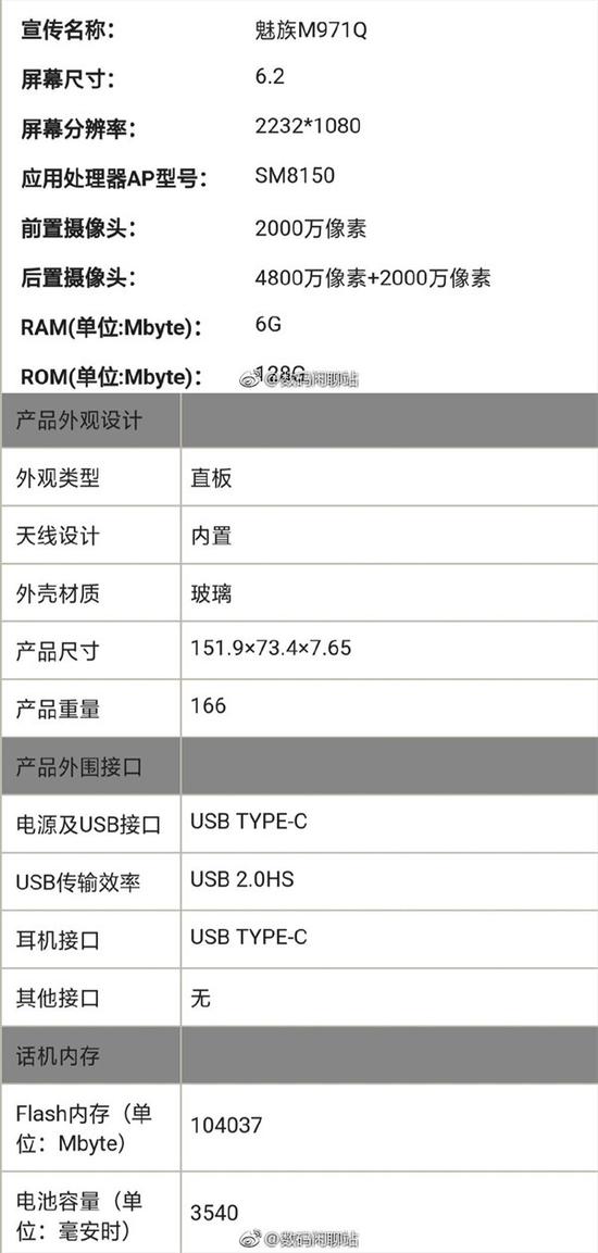 网传魅族16s参数（图源微博）